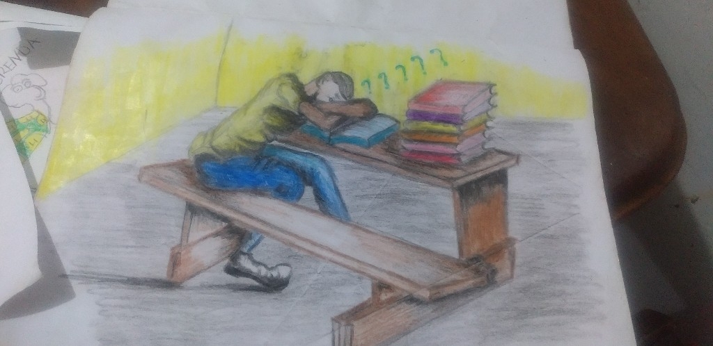 Wagaba, Arnold, "Boy fell asleep while studying" , 2022, Our Social Uganda Art Day Every Day, Mityana artwork