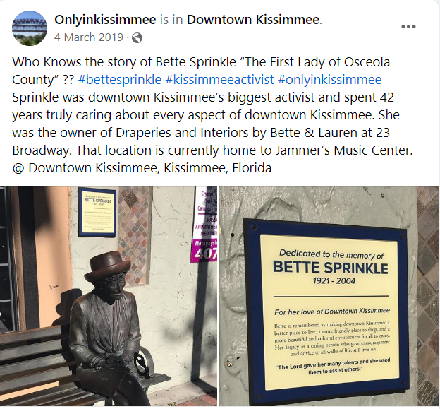 Bette Sprinkle statue, Kissimmee, art day every day