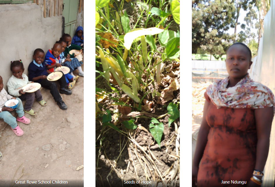 From Farm to School animals - Greta Rowe School children eating food, seeds of hope and a photo of Jane Ndungu