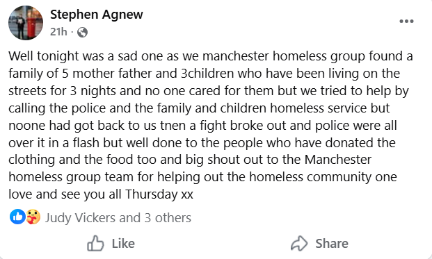 A Family on the Streets in Manchester Facebook screenshot