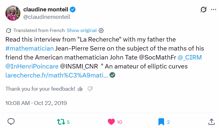 John Tate and Jean-Pierre Serre interview details tweet